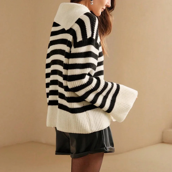 White & Black Casual Women's Striped Color Block Loose Knit Sweater - Picture 4 of 5